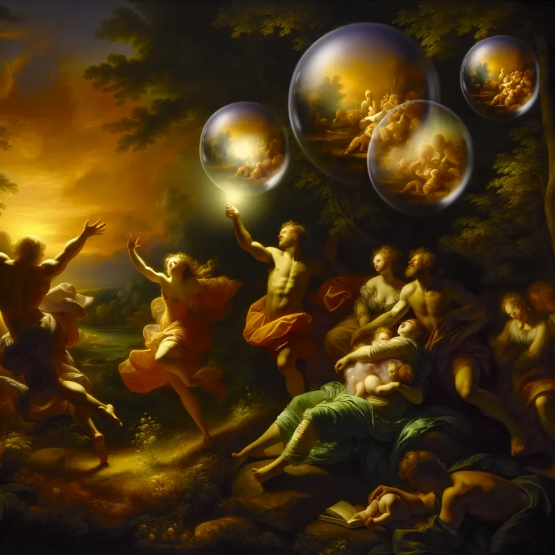 Barokke scène met vrolijke figuren die onder een gouden schemerlucht zoete herinneringen delen, met een gloeiende herinneringsbol en dromerige bubbels vol tedere momenten uit het verleden