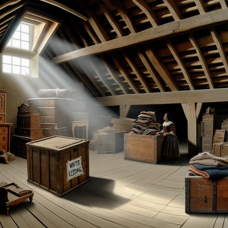 Een vrouw in een ruime zolder met oude meubels en dozen, terwijl ze winterkleding inpakt in een doos.