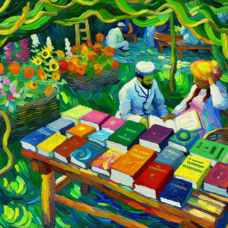 Een houten tafel vol met boeken in een zomerse tuin, geïnspireerd door de stijl van Vincent van Gogh.
