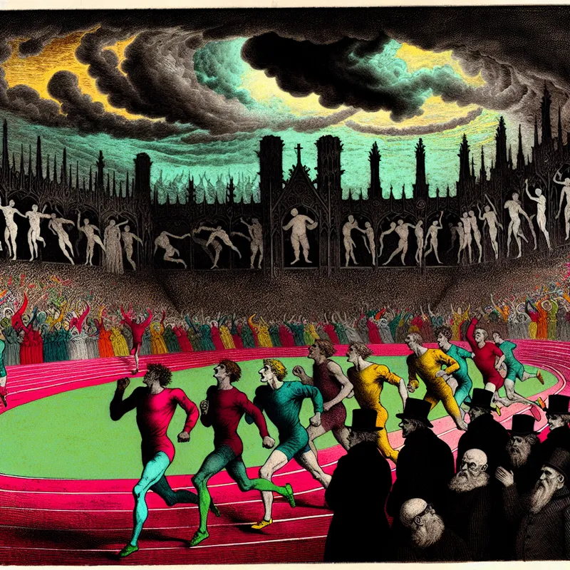 Illustratie van een zomerse sportcircuitscene met renners, kleurrijke banners en een gotisch stadion.