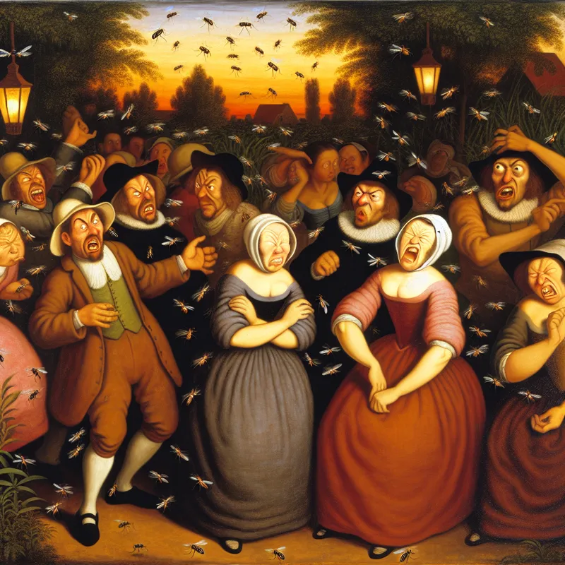 Een groep mensen die buiten meer dan verveeld zijn door muggen tijdens een warme zomeravond, met een achtergrond van weelderig groen en hangende lantaarns.