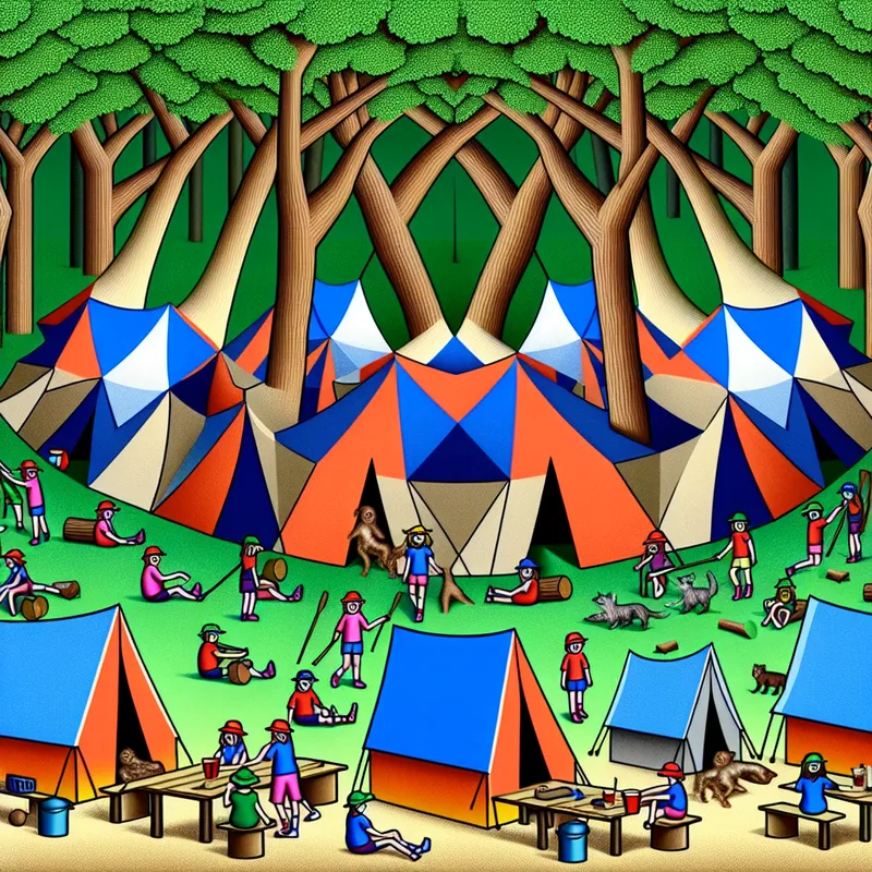 Groep kinderen leert over overlevingstechnieken in een surrealistisch bos met boeiende geometrische vormen.