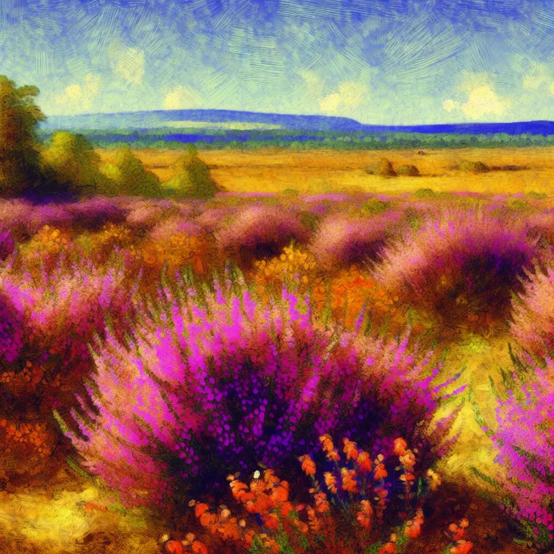 Zomerlandschap met bloeiende heideplanten in paarse en roze kleuren onder warm zonlicht.