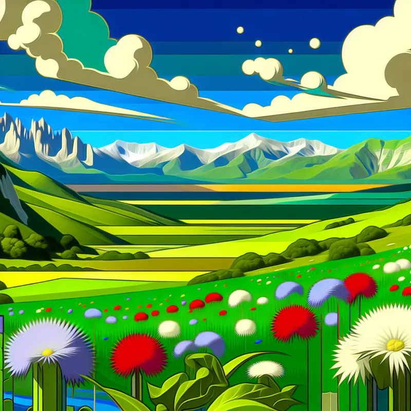 Een prachtig zomers landschap met glooiende groene heuvels, kleurrijke wilde bloemen en besneeuwde bergen onder een blauwe lucht.