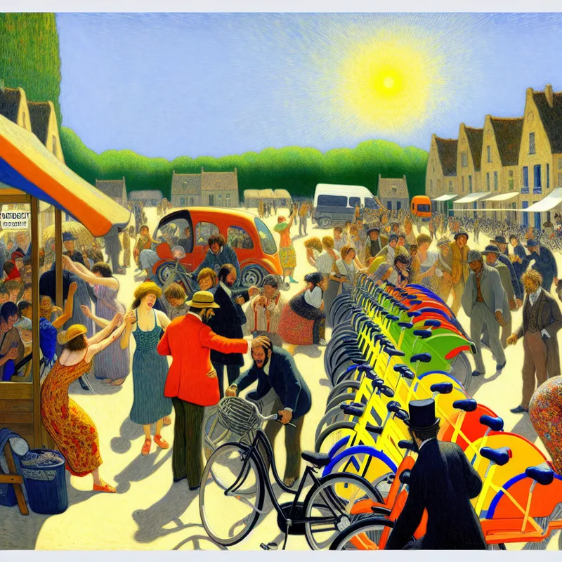 Een drukke zomerse scène bij een huurstation, waar mensen gelukkig fietsen en auto's huren.