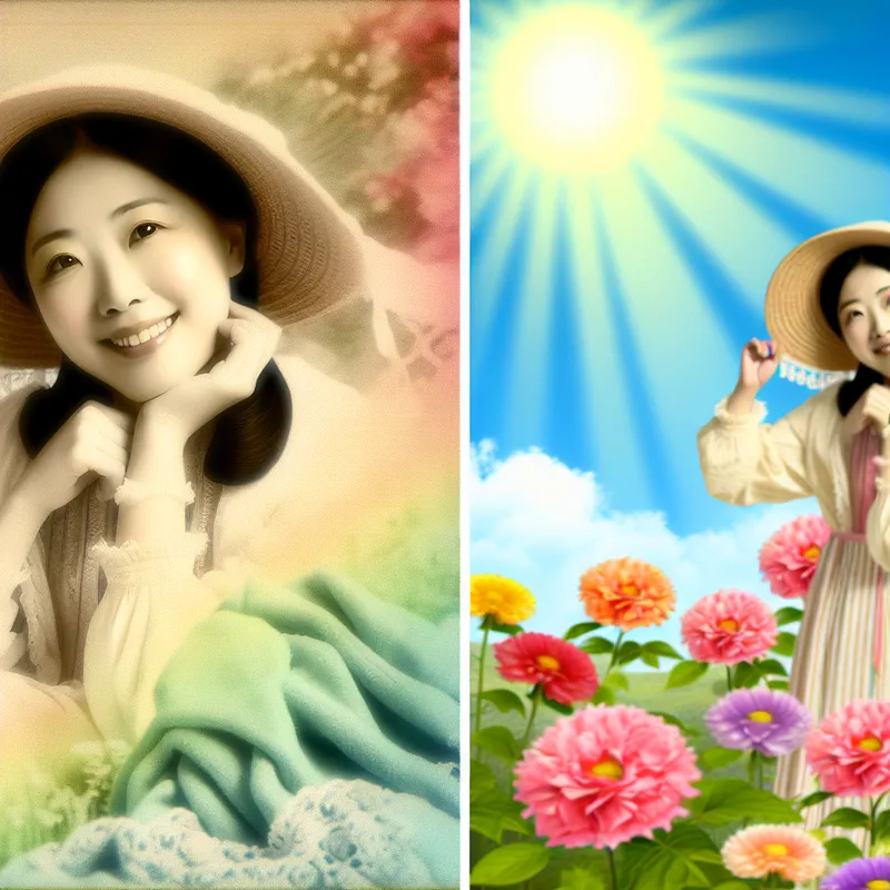 Illustratie van een vrolijk zomerscenario met een persoon in een kleurrijke, katoenen jurk omringd door bloemen en een blauwe lucht.