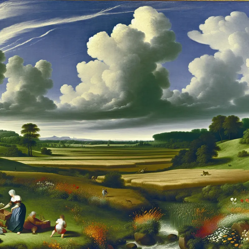 Een gezin pakt een picknickmand in een weelderig groen veld onder een dramatische lucht, typisch voor de maand augustus.