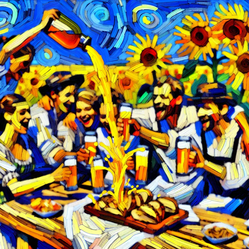 Vrienden genieten van een zomerse picknick met karnemelk in een Vincent van Gogh stijl.