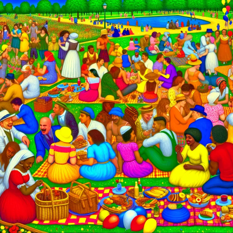 Een levendig zomerevenement in een park met mensen die genieten van een feest, kleurrijke picknickdekens en spelende kinderen.