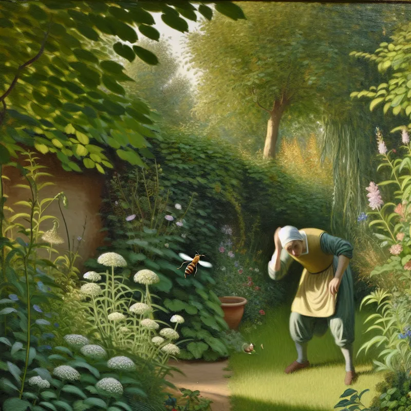 Een persoon in een serene zomertuin kijkt bezorgd naar een vliegende hor, omringd door weelderig groen en delicate bloemen.