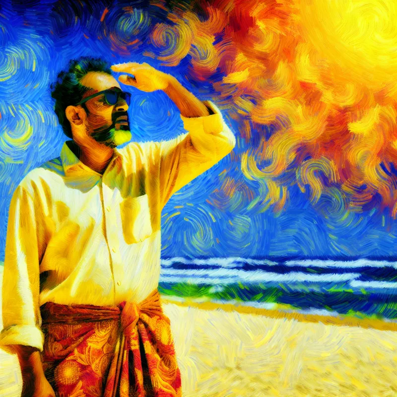 Persoon met pijnlijke zonnebrand op een zonnig strand, geschilderd in Van Gogh-stijl met expressieve penseelstreken