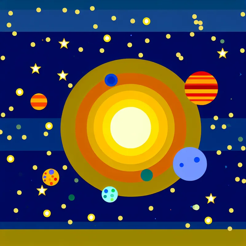 Minimalistische illustratie van een zonnestelsel met een helder stralende zon en kleurrijke planeten die eromheen draaien, in een cartoonachtige stijl.
