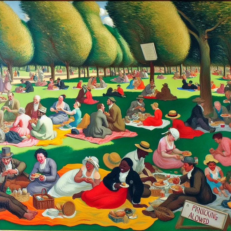 Een zonnig park vol mensen die van een picknick genieten, met een diverse groep op kleurrijke dekens en enkele bomen op de achtergrond.