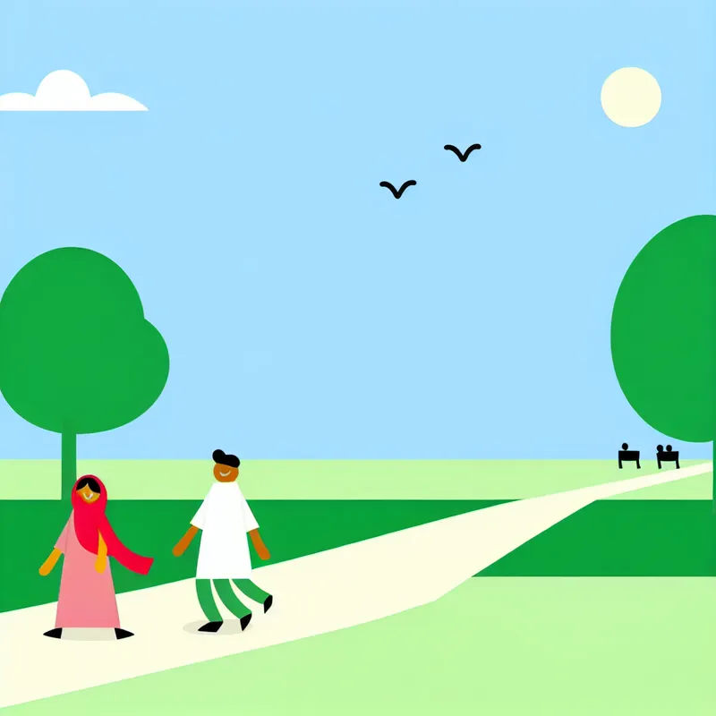 Minimalistische illustratie van een zonnige dag in een park met een stel dat een wandeling maakt