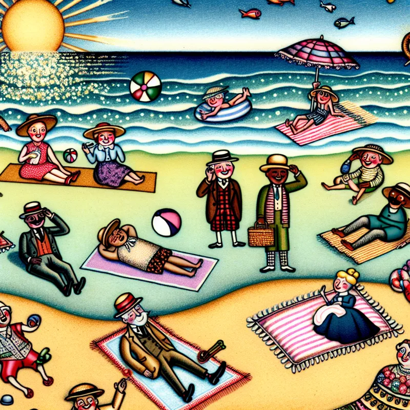 Cartoonachtige strandscène in Toonder-stijl met vrolijke personages, zonneschijn en zee