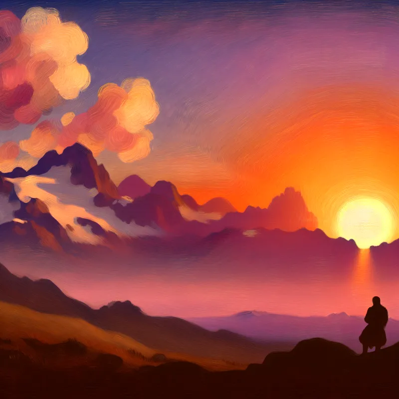 Een kleurrijke zonsondergang met de zon achter majestueuze bergen en een silhouet van een kijkende figuur.