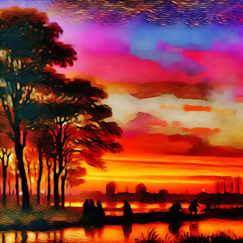 Een levendige zonsondergang met kleurrijke lucht boven een kalm meer, silhouetten van bomen op de achtergrond en vrolijke mensen die genieten van het landschap.