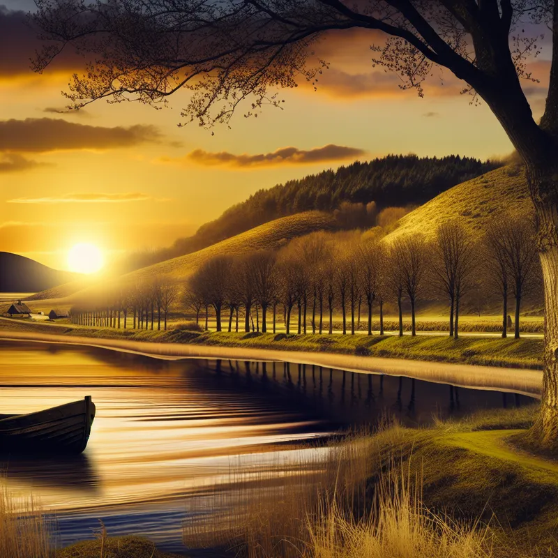 Landschap met een zonsondergang boven een rustig meer, met een klein bootje aan de oever.