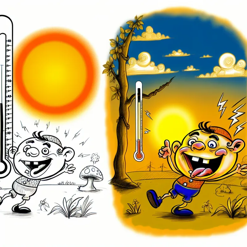 Een cartoonachtige scène van een zonsondergang met een thermometer die een dalende temperatuur toont, met een vrolijke figuur en een vermoeide batterij. 