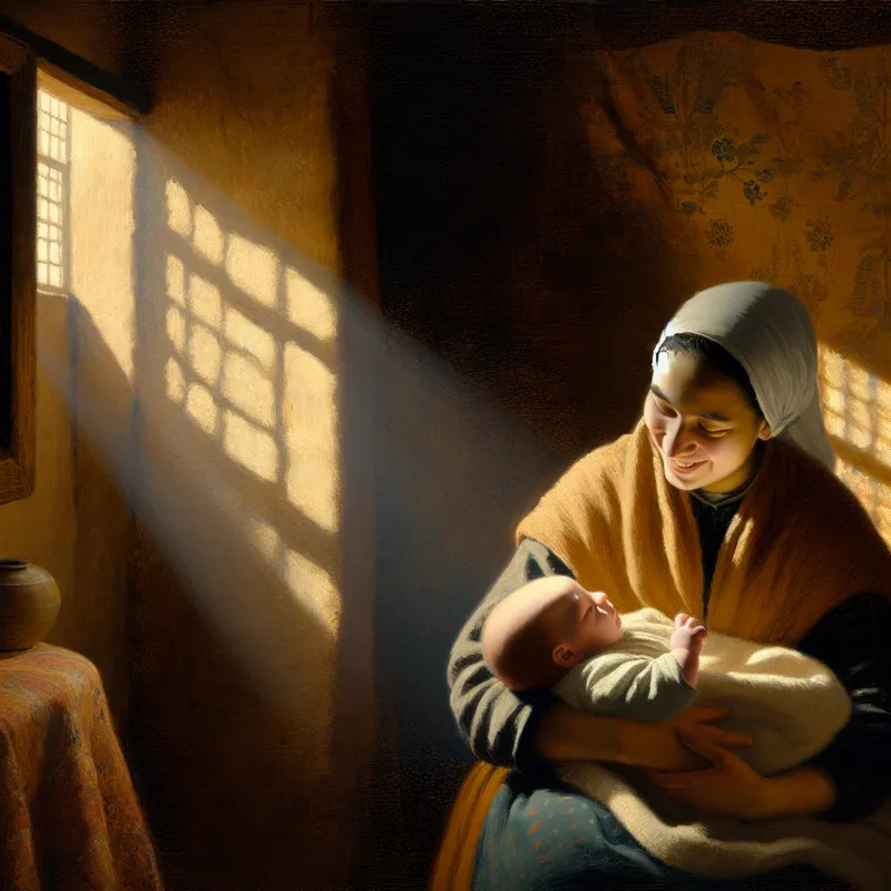 Een zorgzame verzorger die een baby zachtjes wiegt in een sfeervol verlichte kinderkamer.