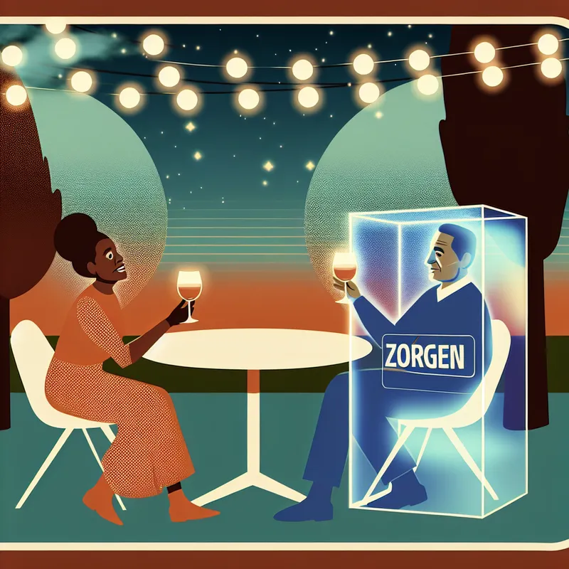 Twee mensen negeren een zwevende, gloeiende doos met het woord 'zorgen' tijdens een gezellige avond onder sfeerverlichting