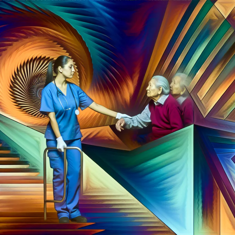 Een zorgzame zorgverlener helpt oudere patiënten in een surrealistische, geometrische omgeving met onmogelijke trappen en ingewikkelde patronen.