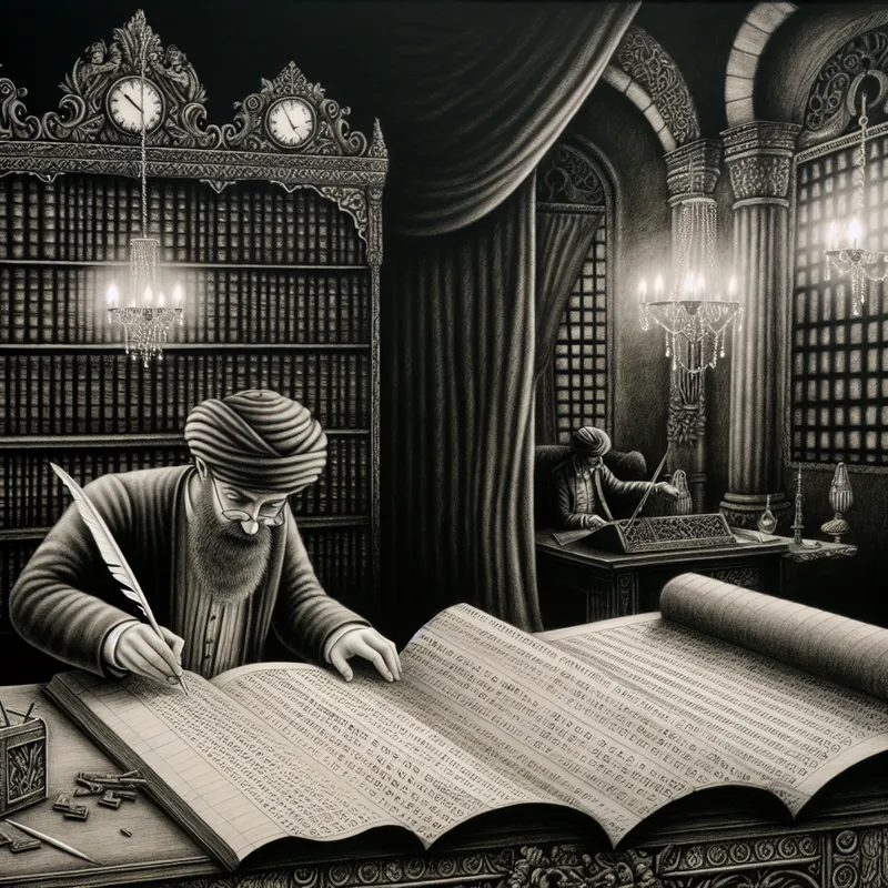 Een middelbare man als accountant controleert zorgvuldig cijfers met een ganzenveer op een groot, oud boek in een vintage kantoor.