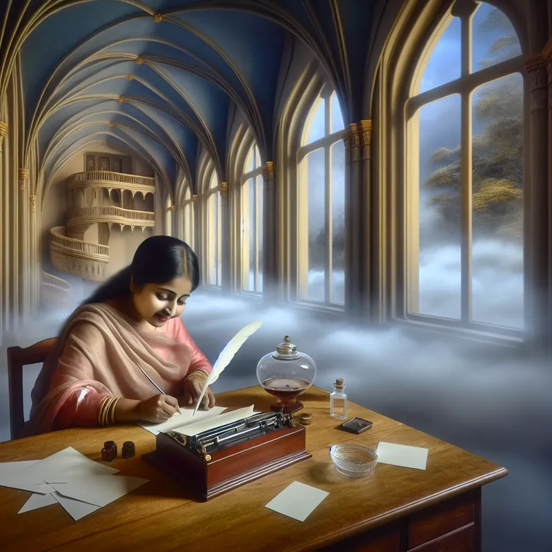 Vrouw schrijft met zorg een hartelijke kaart aan een houten bureau in een surrealistisch verlichte kamer met uitzicht op een mistig landschap