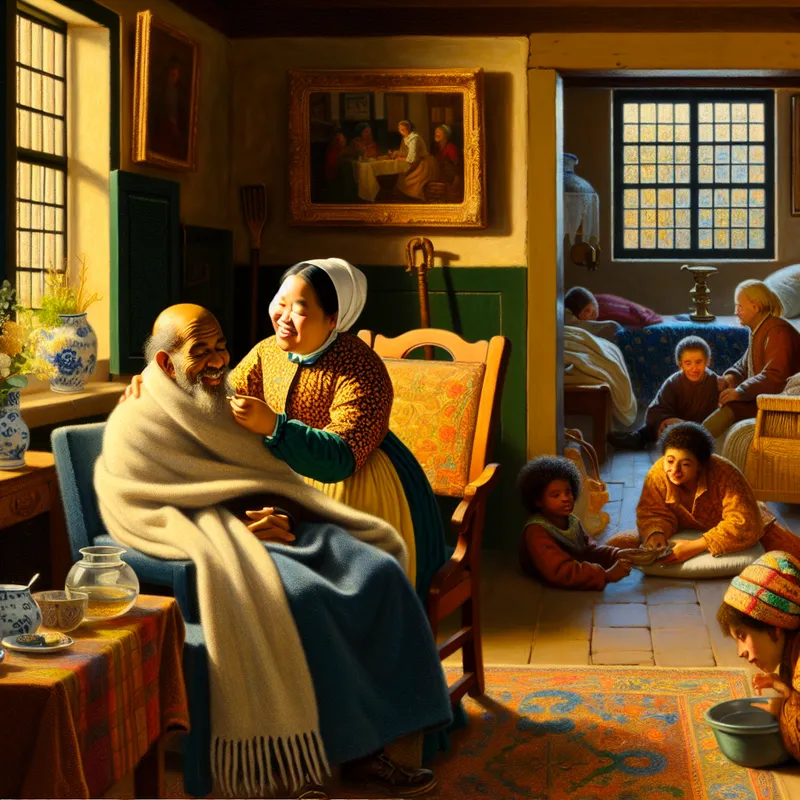 Een warme en levendige woonkamer waar iemand zorg draagt voor een zieke vriend, met kinderen die spelen op de achtergrond.