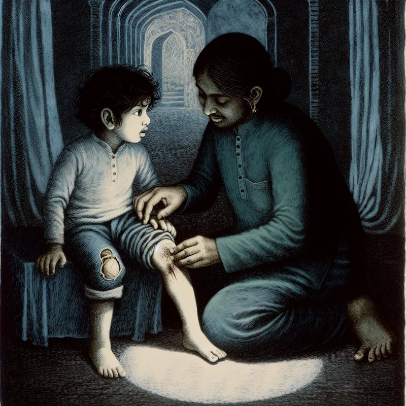 Kind met geschaafde knie in gescheurde spijkerbroek wordt verzorgd door ouder