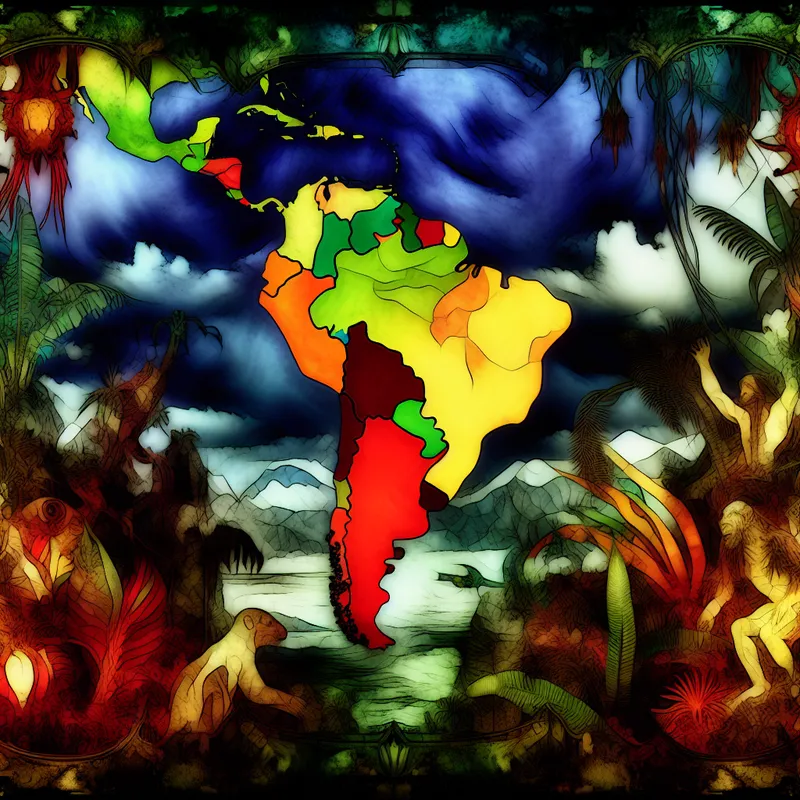 Een opvallende kaart van Zuid-Amerika met levendige kleuren, omringd door tropische planten en exotische dieren, onder een donkere, gothische lucht.