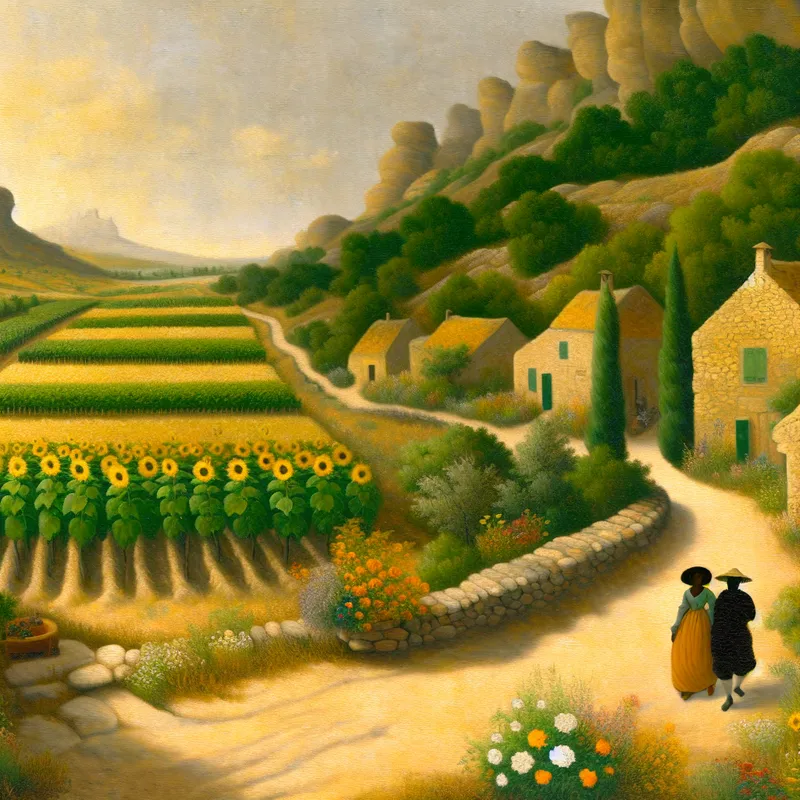 Schilderachtig landschap van de zuidelijke regio van Frankrijk met wijngaarden en zonnebloemvelden onder een diffuus namiddaglicht, met een charmant dorpje op de voorgrond.