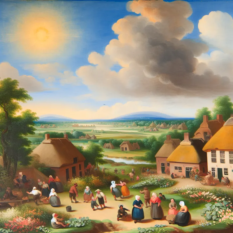 Schilderachtig uitzicht van een levendig dorp in de zuidelijke regio van Nederland met bloeiende bloemen en mensen die vrolijke activiteiten ondernemen.