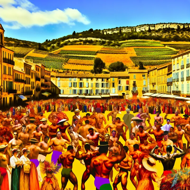 Barokke stadsplein-scène in Zuid-Frankrijk met levendige figuren, zomerse festiviteiten en mediterrane architectuur