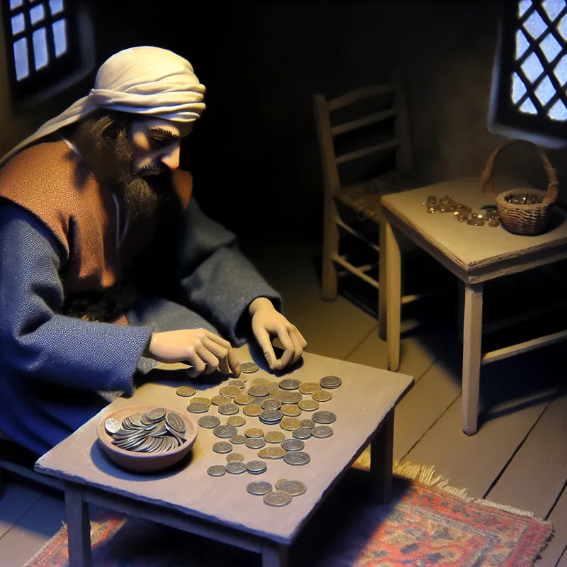 Persoon telt zorgvuldig munten aan een houten tafel in een rustig interieur met zacht licht, symboliserend zuinig omgaan met geld