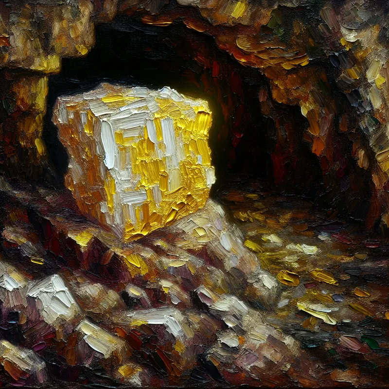 Abstract expressionistisch schilderij van een donkere mijn met een stralend stuk zuiver goud in het midden, contrasterend met ruwe omgeving