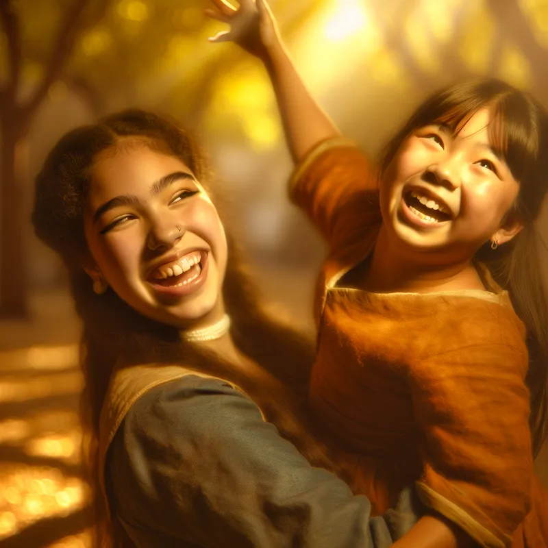 Een jonge meisje tilt haar kleine zusje omhoog voor een foto in een zonovergoten park.