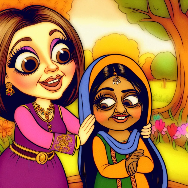 Een meisje knuffelt haar zusje in een zonnig park, omringd door kleurrijke bomen en bloemen.