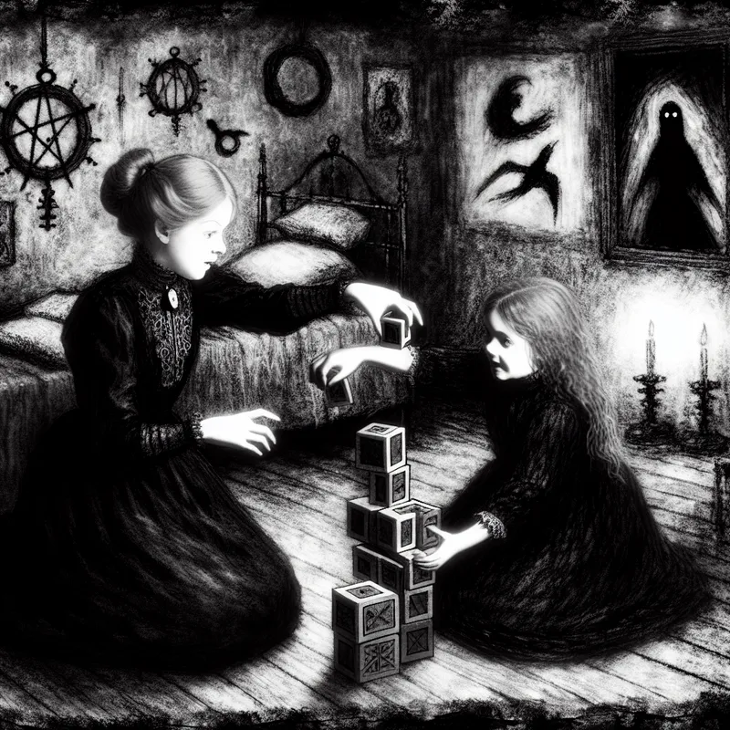 Twee jonge zusters spelen samen in een mysterieuze, donker verlichte kamer met gotische elementen.