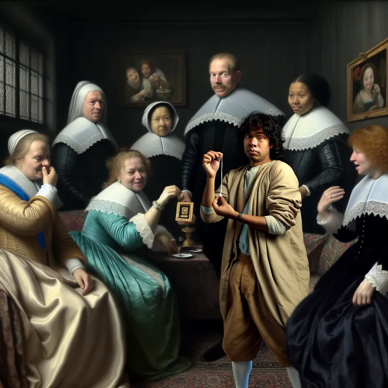 17e-eeuws Nederlands interieur met persoon die een belachelijk klein excuus of trofee omhooghoudt, terwijl anderen geamuseerd of ongelovig reageren