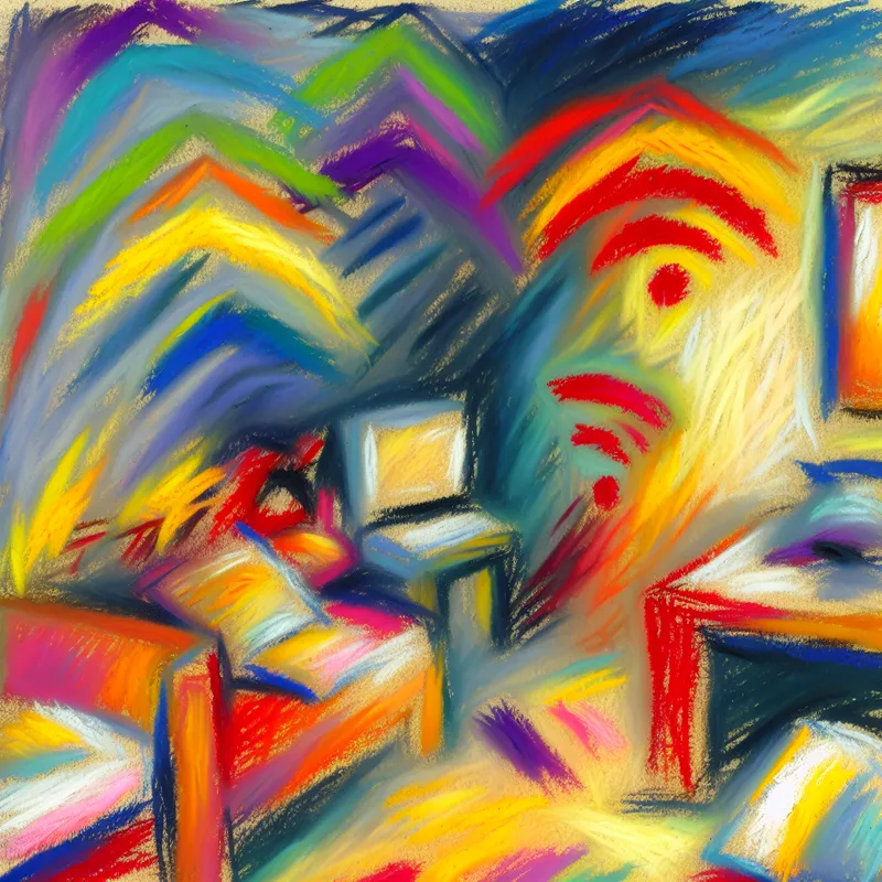 Abstracte voorstelling van een zwak Wi-Fi-signaal in expressieve stijl van Karel Appel, met vage gloed tussen kleurrijke verfstreken