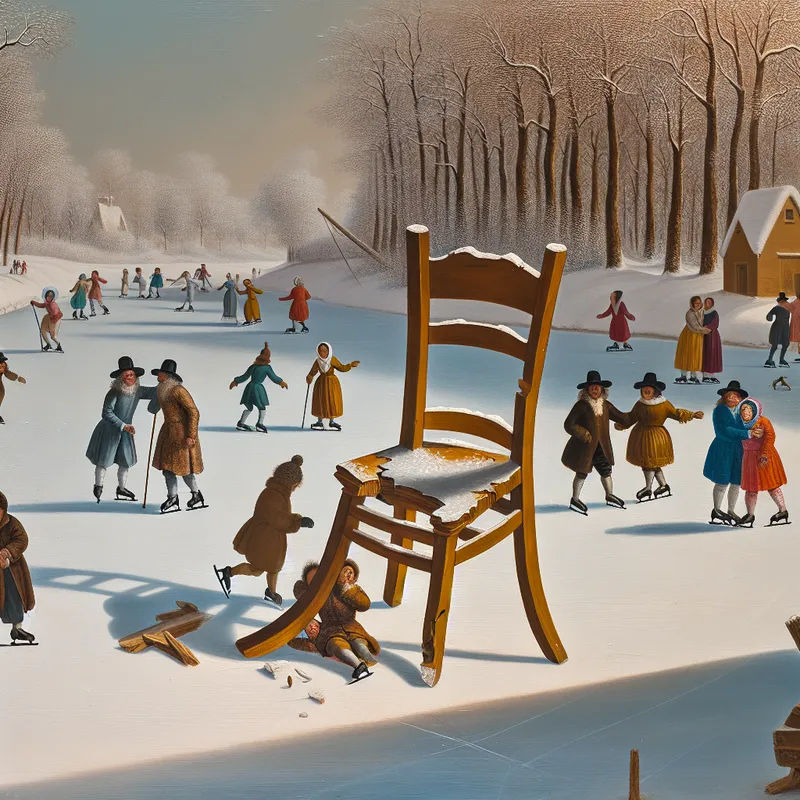 Een zwakke, versleten houten stoel in een winterlandschap met schaatsers op de achtergrond.