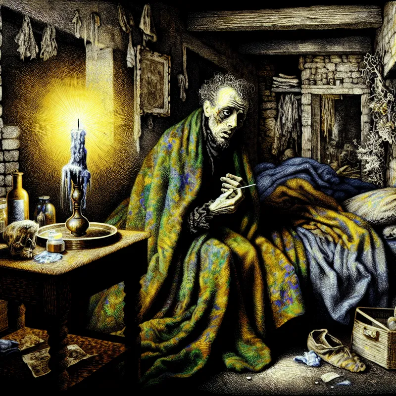 Zwakke, zieke man in donkere gothic slaapkamer met medicijnflesje en flakkerende kaars, symbolisch voor uitputting en kwetsbaarheid