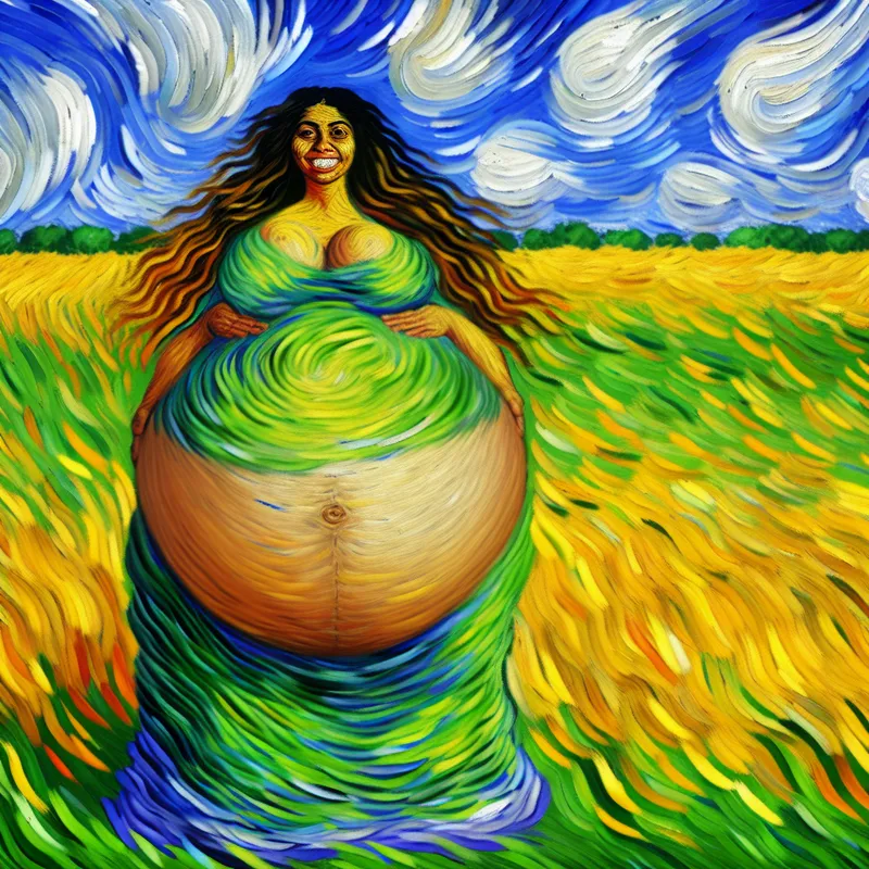 Zwangere vrouw in een kleurrijk veld met een stralende glimlach, om haar bolle buik heen waait groen gras en de lucht is gevuld met diepe blauwen en heldere gele tinten, geïnspireerd door Van Gogh.