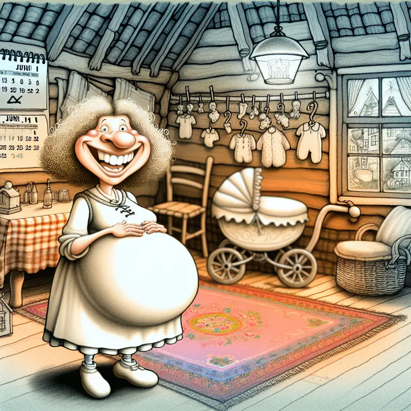 Vrolijke zwangere vrouw in een knusse Nederlandse huiskamer, liefdevol haar buik vasthoudend, met babykleding en een kinderwagen op de achtergrond