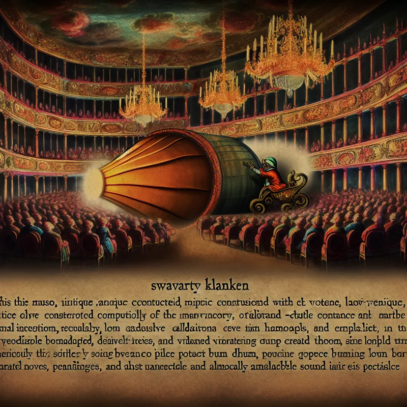 Gnome-achtig figuur speelt een grote, oude trommel in een sprookjesachtige concertzaal, waarbij krachtige geluidsgolven de ruimte vullen en het publiek in vervoering brengen