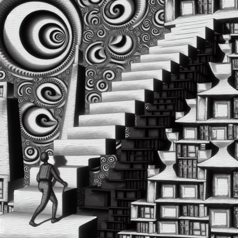 Persoon klimt een oneindige, onmogelijke trap van verhuisdozen in surrealistische Escher-stijl, symboliserend een zware klus of uitdagende taak