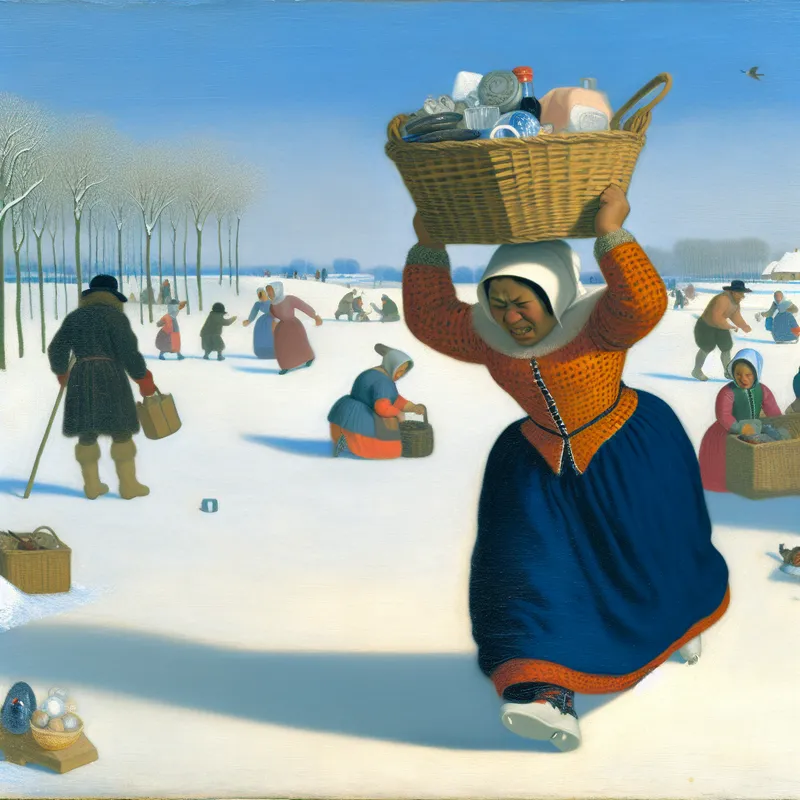 Vrouw die door een besneeuwd landschap loopt met een zware mand vol huishoudelijke voorwerpen.