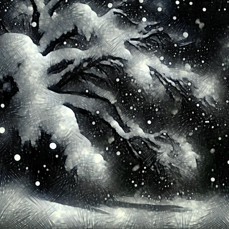 Een grote boom met zware takken bedekt met dikke, verse sneeuw in een duister winterlandschap