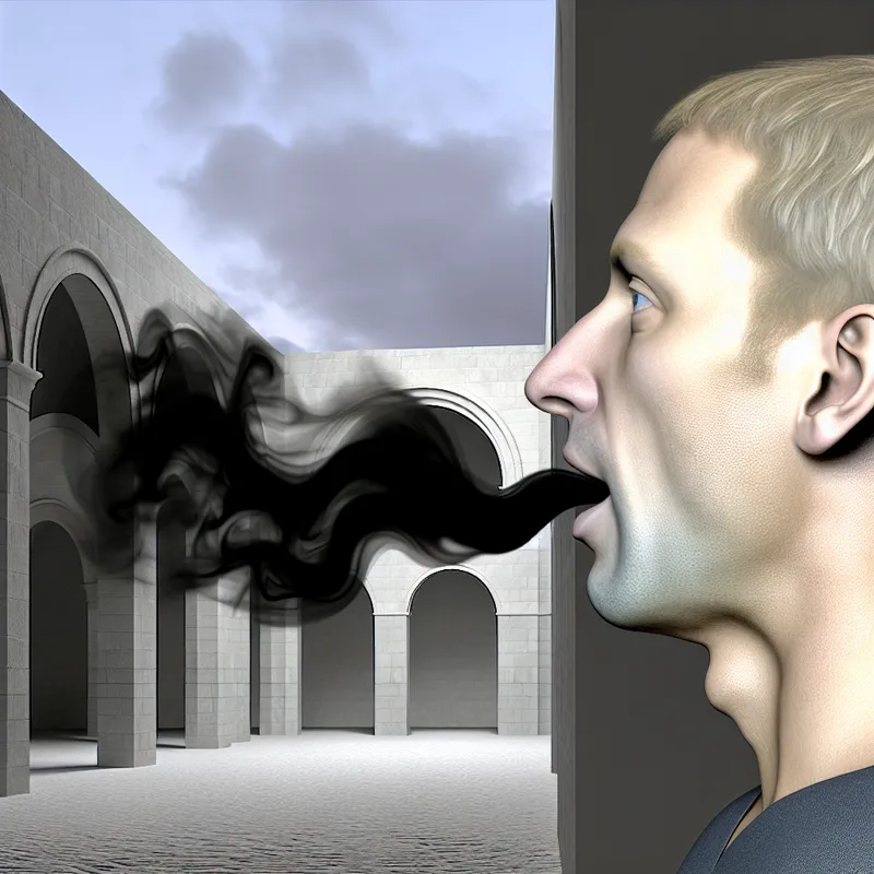 Hyperrealistisch surrealistisch portret van een man met een zware, lage stem, waarbij donkere geluidsgolven als rook uit zijn mond stromen in een sombere architectonische omgeving